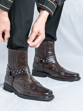 メンズ カウボーイブーツ スクエアトゥ リベット パンク バイカーブーツ ハイトップ プルオン ハイトップブーツ