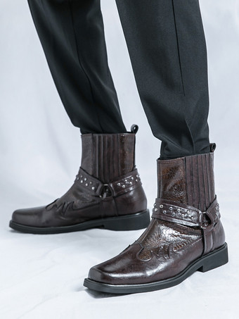 メンズ カウボーイブーツ スクエアトゥ リベット パンク バイカーブーツ ハイトップ プルオン ハイトップブーツ