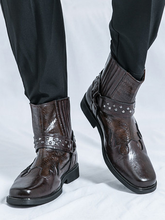 メンズ カウボーイブーツ スクエアトゥ リベット パンク バイカーブーツ ハイトップ プルオン ハイトップブーツ