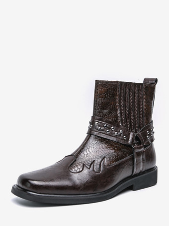 ブラウン メンズ カウボーイブーツ スクエアトゥ リベット パンク バイカーブーツ ハイトップ プルオン ハイトップブーツ