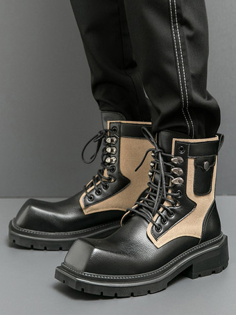 メンズドレスブーツ スクエアトゥ チャンキーソール レースアップレザーブーツ