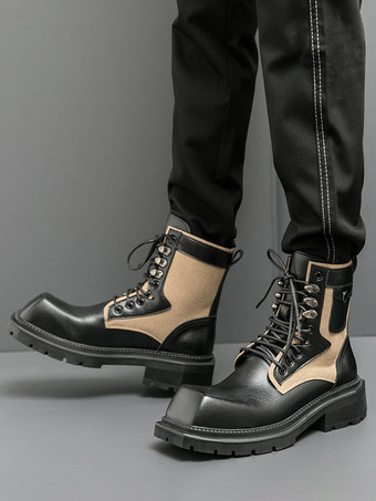 メンズドレスブーツ スクエアトゥ チャンキーソール レースアップレザーブーツ