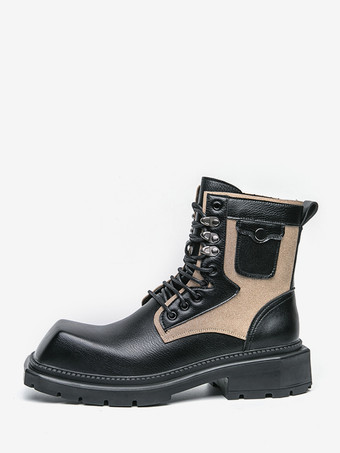 メンズドレスブーツ スクエアトゥ チャンキーソール レースアップレザーブーツ