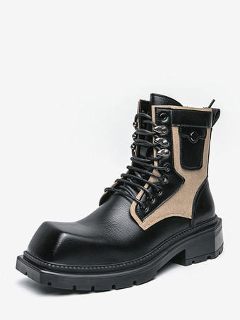 ブラック メンズドレスブーツ スクエアトゥ チャンキーソール レースアップレザーブーツ