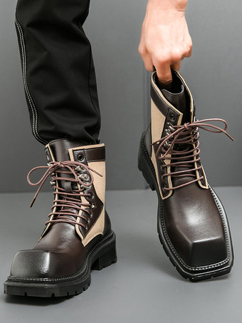 メンズドレスブーツ スクエアトゥ チャンキーソール レースアップレザーブーツ