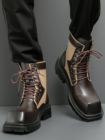 メンズドレスブーツ スクエアトゥ チャンキーソール レースアップレザーブーツ