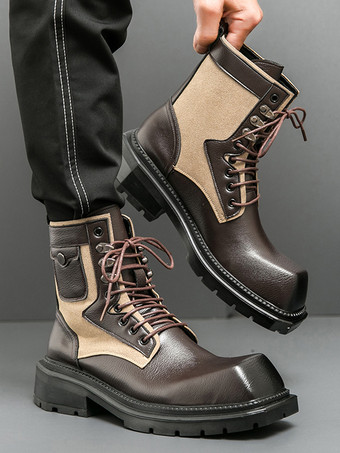 メンズドレスブーツ スクエアトゥ チャンキーソール レースアップレザーブーツ