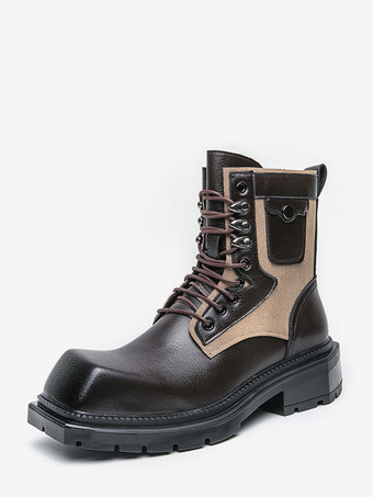 ブラウン メンズドレスブーツ スクエアトゥ チャンキーソール レースアップレザーブーツ