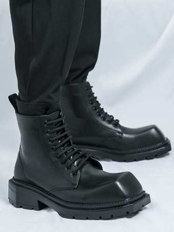 メンズドレスブーツ スクエアトゥ チャンキーソール レースアップブーツ ペールイエロー