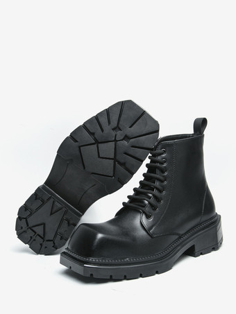 メンズドレスブーツ スクエアトゥ チャンキーソール レースアップブーツ ペールイエロー