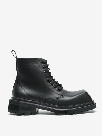 メンズドレスブーツ スクエアトゥ チャンキーソール レースアップブーツ ペールイエロー