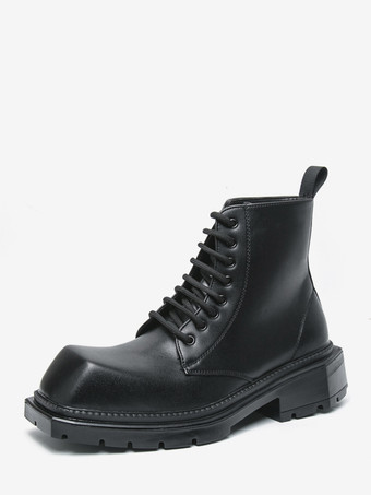 ブラック メンズドレスブーツ スクエアトゥ チャンキーソール レースアップブーツ ペールイエロー