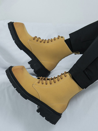 メンズドレスブーツ スクエアトゥ チャンキーソール レースアップブーツ ペールイエロー