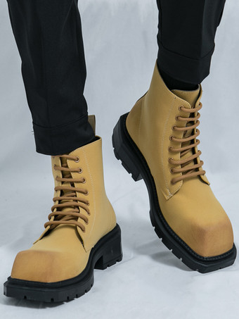 メンズドレスブーツ スクエアトゥ チャンキーソール レースアップブーツ ペールイエロー