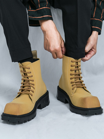 メンズドレスブーツ スクエアトゥ チャンキーソール レースアップブーツ ペールイエロー