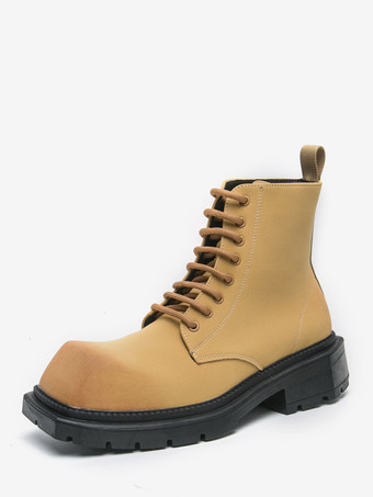 イエローメンズドレスブーツ スクエアトゥ チャンキーソール レースアップブーツ ペールイエロー