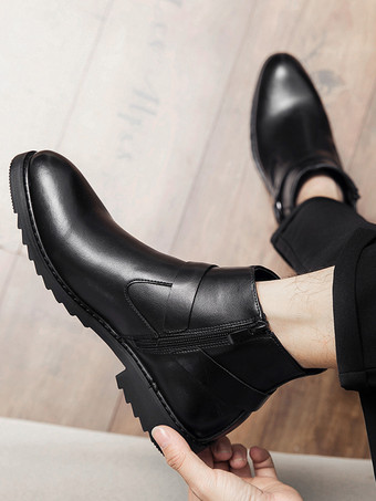 メンズ アンクルブーツ つま先が光沢のあるサイドジップ ハーネス 滑り止め 防水シューズ