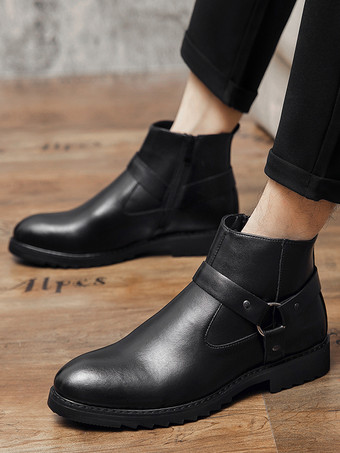 メンズ アンクルブーツ つま先が光沢のあるサイドジップ ハーネス 滑り止め 防水シューズ