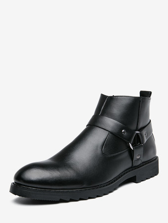 ブラック メンズ アンクルブーツ つま先が光沢のあるサイドジップ ハーネス 滑り止め 防水シューズ