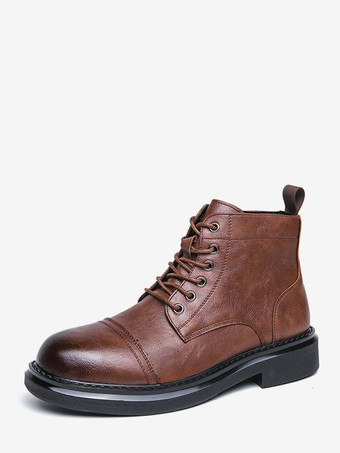ブラウン メンズドレスブーツ キャップトゥ ダービーブーツ チャンキーソール フォーマルアンクルブーツ