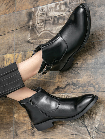 メンズ アンクルブーツ レザー ポインテッドトゥ 調節可能なバックル 内側ジッパー ビジネスブーツ