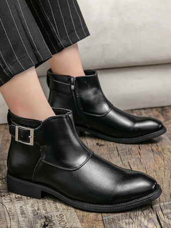 メンズ アンクルブーツ レザー ポインテッドトゥ 調節可能なバックル 内側ジッパー ビジネスブーツ