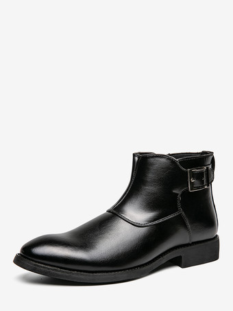 ブラック メンズ アンクルブーツ レザー ポインテッドトゥ 調節可能なバックル 内側ジッパー ビジネスブーツ