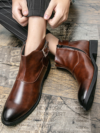 メンズ アンクルブーツ レザー ポインテッドトゥ 調節可能なバックル 内側ジッパー ビジネスブーツ