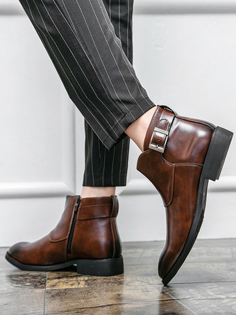 メンズ アンクルブーツ レザー ポインテッドトゥ 調節可能なバックル 内側ジッパー ビジネスブーツ