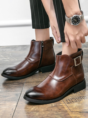 メンズ アンクルブーツ レザー ポインテッドトゥ 調節可能なバックル 内側ジッパー ビジネスブーツ