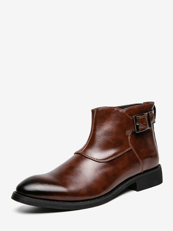 ブラウン メンズ アンクルブーツ レザー ポインテッドトゥ 調節可能なバックル 内側ジッパー ビジネスブーツ