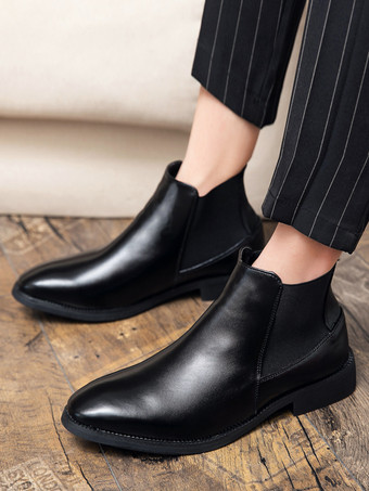 メンズ チェルシーブーツ ポインテッドトゥ スリムレザー アンクルブーツ ローヒール