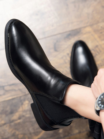 メンズ チェルシーブーツ ポインテッドトゥ スリムレザー アンクルブーツ ローヒール