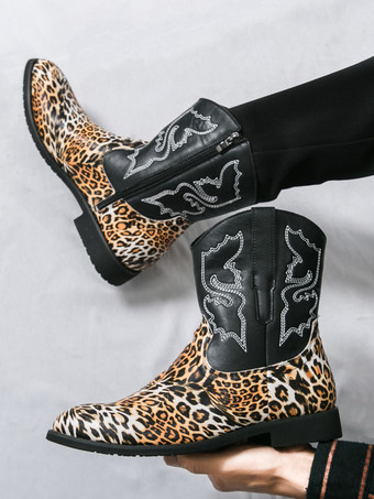 メンズ カウボーイブーツ ハイトップ アンクルブーツ レオパード ウエスタン刺繍 シューズ