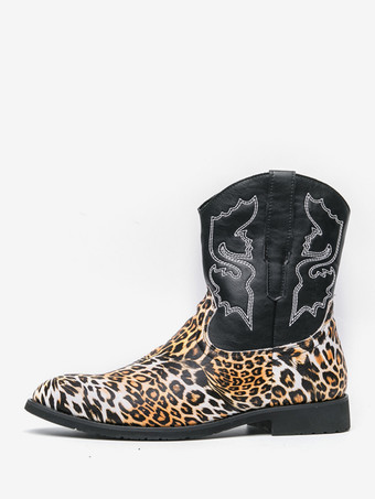 メンズ カウボーイブーツ ハイトップ アンクルブーツ レオパード ウエスタン刺繍 シューズ