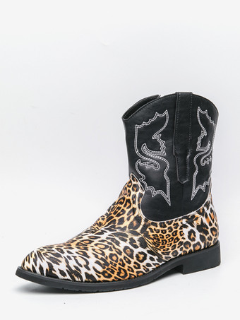 ブラック メンズ カウボーイブーツ ハイトップ アンクルブーツ レオパード ウエスタン刺繍 シューズ