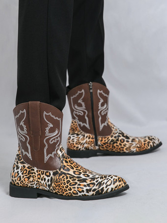 メンズ カウボーイブーツ ハイトップ アンクルブーツ レオパード ウエスタン刺繍 シューズ