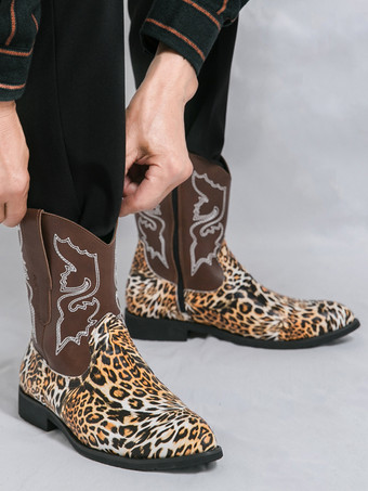 メンズ カウボーイブーツ ハイトップ アンクルブーツ レオパード ウエスタン刺繍 シューズ