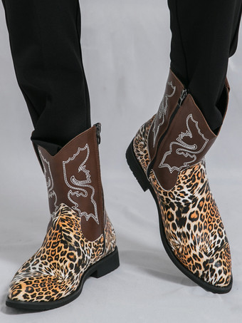 メンズ カウボーイブーツ ハイトップ アンクルブーツ レオパード ウエスタン刺繍 シューズ