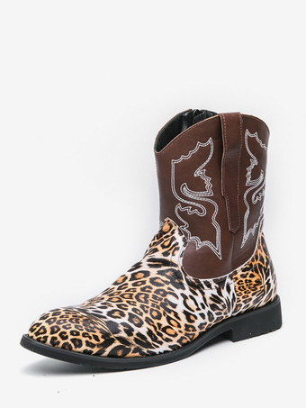ブラウン メンズ カウボーイブーツ ハイトップ アンクルブーツ レオパード ウエスタン刺繍 シューズ