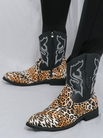 メンズ カウボーイブーツ ハイトップ アンクルブーツ レオパード ウエスタン刺繍 シューズ