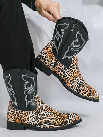 メンズ カウボーイブーツ ハイトップ アンクルブーツ レオパード ウエスタン刺繍 シューズ