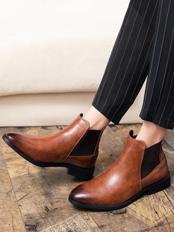 メンズ チェルシーブーツ ポインテッドトゥ スリムレザー アンクルブーツ ローヒール