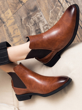 メンズ チェルシーブーツ ポインテッドトゥ スリムレザー アンクルブーツ ローヒール