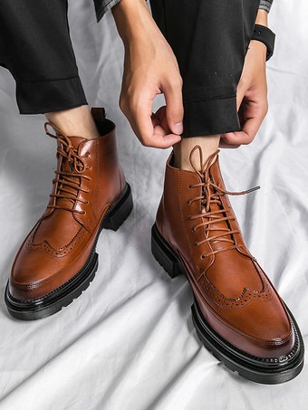 メンズドレスブーツ ウィングチップダービーブーツ - ラウンドトゥ チャンキーソール アンクルブーツ