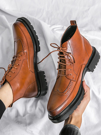メンズドレスブーツ ウィングチップダービーブーツ - ラウンドトゥ チャンキーソール アンクルブーツ