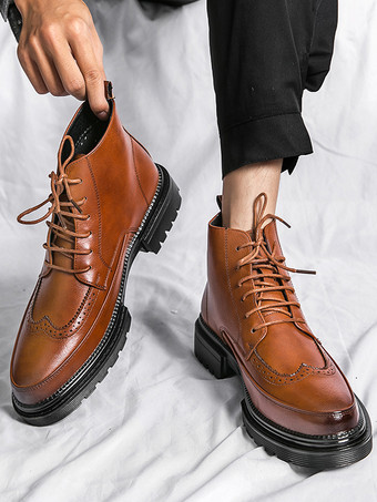メンズドレスブーツ ウィングチップダービーブーツ - ラウンドトゥ チャンキーソール アンクルブーツ