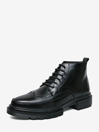 メンズドレスブーツ ウィングチップダービーブーツ - ラウンドトゥ チャンキーソール アンクルブーツ