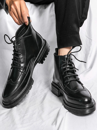 メンズドレスブーツ ウィングチップダービーブーツ - ラウンドトゥ チャンキーソール アンクルブーツ