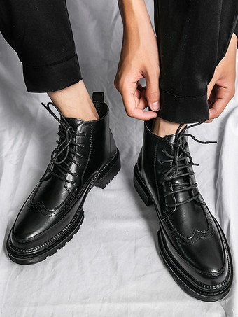 メンズドレスブーツ ウィングチップダービーブーツ - ラウンドトゥ チャンキーソール アンクルブーツ
